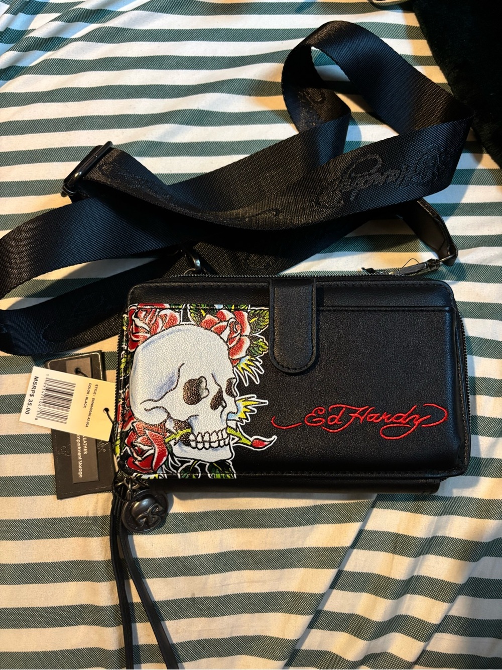 Ed Hardy Black Wallet Crossbody with Skull & Red Rose Embroidery